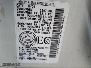 2007 Nissan Murano S with VIN JN8AZ08W77W600707, listed as a Copart auction lot 78581194 with 0 mi miles and Clean Title. Bid and sale history available at carsss.com. Image 14.
