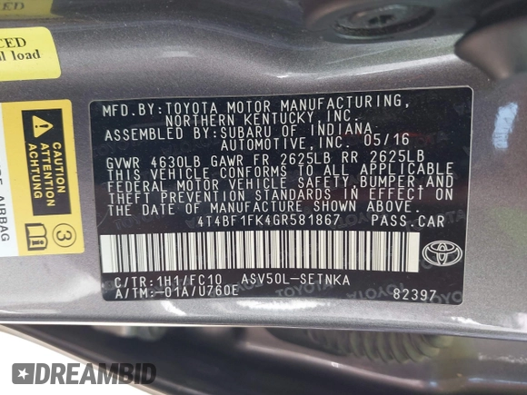 2016 Toyota Camry XLE with VIN 4T4BF1FK4GR581867, listed as a IAAI auction lot 42002126 with 74,811 mi miles. Bid and sale history available at carsss.com. Image 9.