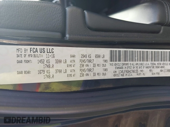 2017 Jeep Grand Cherokee Laredo with VIN 1C4RJFAG0HC706155, listed as a IAAI auction lot 42452967 with 144,925 mi miles and . Bid and sale history available at DreamBid. Image 9.
