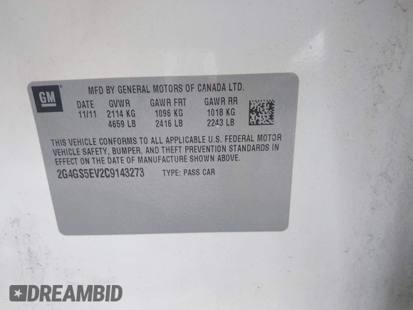 2012 Buick Regal Turbo Premium 1 with VIN 2G4GS5EV2C9143273, listed as a IAAI auction lot 42681584 with 128,461 mi miles and . Bid and sale history available at DreamBid. Image 9.