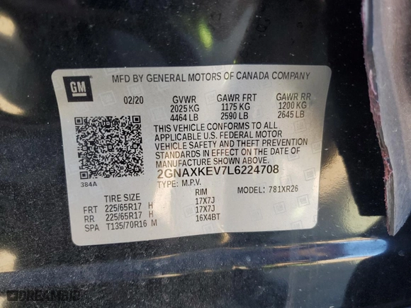 2020 Chevrolet Equinox LT with VIN 2GNAXKEV7L6224708, listed as a Copart auction lot 48552655 with 87,832 mi miles and Salvage Title. Bid and sale history available at carsss.com. Image 13.