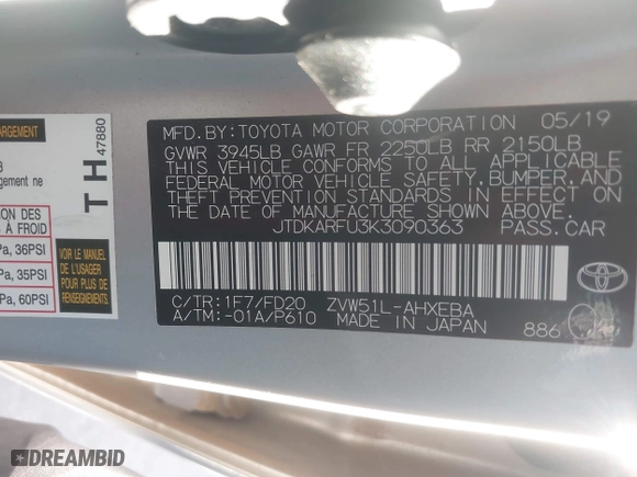 2019 Toyota Prius L Eco with VIN JTDKARFU3K3090363, listed as a IAAI auction lot 40858003 with 22,405 mi miles. Bid and sale history available at carsss.com. Image 9.