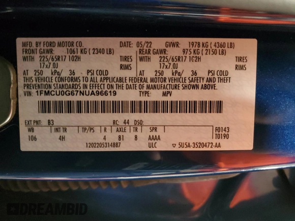 2022 Ford Escape SE z VIN 1FMCU0G67NUA96619, wystawiony jako Copart lot #60467595 z przebiegiem 30 336 mil mil oraz Szkoda całkowita • Salvage title. Historia ofert i sprzedaży dostępna na DreamBid. Obrazek 14.