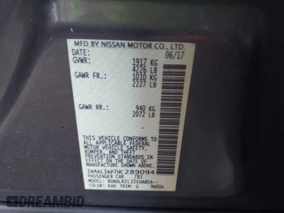 2017 Nissan Altima SV with VIN 1N4AL3AP7HC289094, listed as a IAAI auction lot 42508845 with 123,391 mi miles and . Bid and sale history available at DreamBid. Image 9.