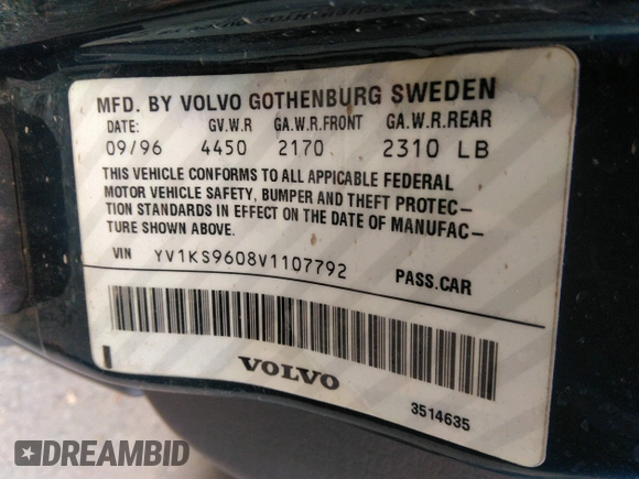 1997 Volvo S90 with VIN YV1KS9608V1107792, listed as a IAAI auction lot 38336416 with 146,975 mi miles. Bid and sale history available at carsss.com. Image 9.