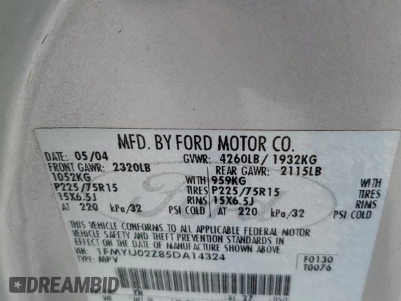 2005 Ford Escape XLS Value with VIN 1FMYU02Z85DA14324, listed as a Copart auction lot 73111164 with 212,118 mi miles and Salvage Title. Bid and sale history available at DreamBid. Image 13.