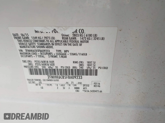 2015 Ford Flex SEL with VIN 2FMHK6C85FBA09233, listed as a IAAI auction lot 42142972 with 221,909 mi miles. Bid and sale history available at carsss.com. Image 9.