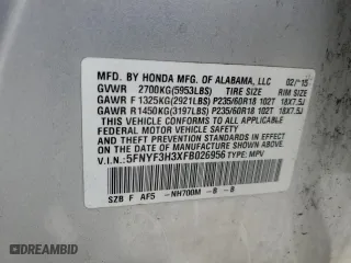 2015 Honda Pilot SE with VIN 5FNYF3H3XFB026956, listed as a Copart auction lot 52788085 with 126,430 mi miles and Salvage Title. Bid and sale history available at carsss.com. Image 13.