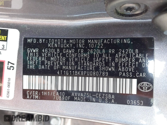 2023 Toyota Camry SE z VIN 4T1G11BK8PU080789, wystawiony jako IAAI lot #41706858 z przebiegiem 48 052 mil mil oraz . Historia ofert i sprzedaży dostępna na DreamBid. Obrazek 9.