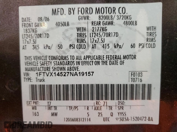 2007 Ford F-150 XLT with VIN 1FTVX14527NA19157, listed as a Copart auction lot 72973004 with 129,012 mi miles and Clean Title. Bid and sale history available at carsss.com. Image 13.