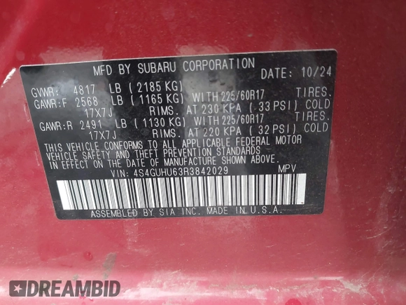 2024 Subaru Crosstrek Wilderness с VIN 4S4GUHU63R3842029, выставлен на аукционе IAAI как лот 41814539 с пробегом 4 170 миль миль и . История ставок и продаж доступна на DreamBid. Изображение 9.