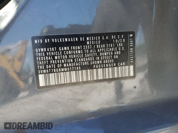 2021 Volkswagen Jetta S with VIN 3VW6T7BU8MM017185, listed as a Copart auction lot 57680005 with 113,374 mi miles and Salvage title. Bid and sale history available at DreamBid. Image 13.