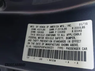 2015 Honda Accord EX-L with VIN 1HGCR2F8XFA096221, listed as a IAAI auction lot 42586083 with 127,771 mi miles and . Bid and sale history available at DreamBid. Image 9.