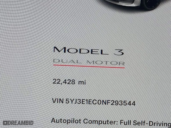 2022 Tesla Model 3 Performance with VIN 5YJ3E1EC0NF293544, listed as a IAAI auction lot 41451085 with 22,428 mi miles. Bid and sale history available at carsss.com. Image 16.