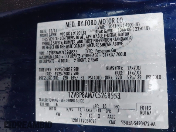 2012 Ford Mustang V6 Premium with VIN 1ZVBP8AM7C5268553, listed as a IAAI auction lot 41715730 with 97,848 mi miles. Bid and sale history available at carsss.com. Image 9.