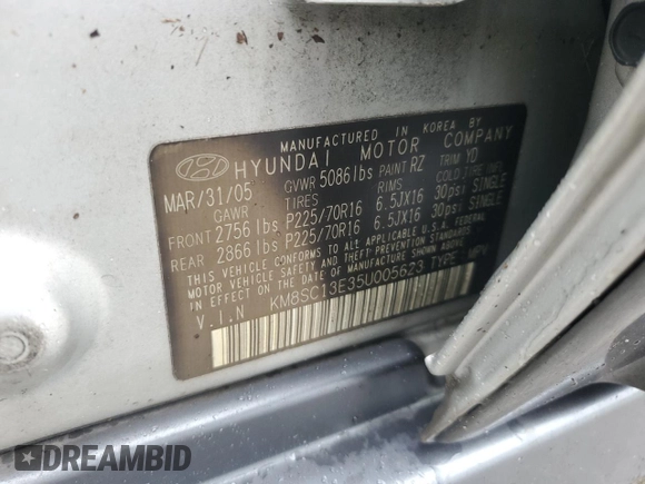 2005 Hyundai Santa Fe GLS with VIN KM8SC13E35U005623, listed as a Copart auction lot 75019464 with 0 mi miles and Salvage Title. Bid and sale history available at carsss.com. Image 14.