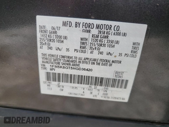 2017 Ford Explorer Sport with VIN 1FM5K8GT5HGD36420, listed as a Copart auction lot 57654015 with 122,804 mi miles and Salvage title. Bid and sale history available at DreamBid. Image 13.