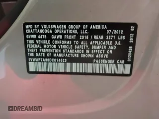 2013 Volkswagen Passat S with VIN 1VWAP7A38DC014523, listed as a IAAI auction lot 42239027 with 116,766 mi miles and . Bid and sale history available at DreamBid. Image 9.