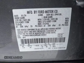 2024 Ford Explorer ST-Line с VIN 1FMSK8KH3RGA14303, выставлен на аукционе IAAI как лот 41556833 с пробегом 11 966 миль миль и . История ставок и продаж доступна на DreamBid. Изображение 9.