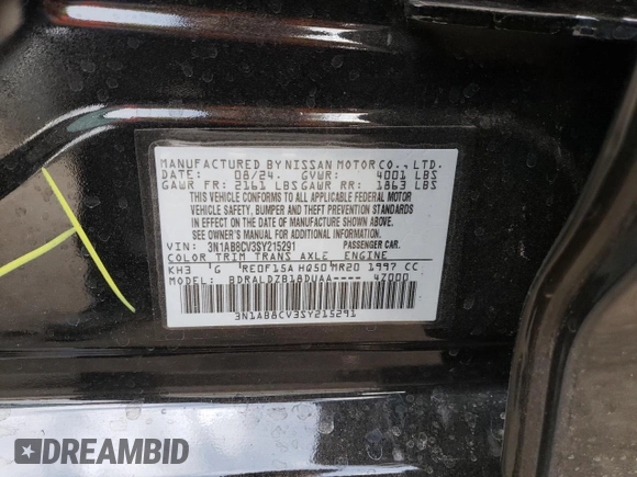 2025 Nissan Sentra SV with VIN 3N1AB8CV3SY215291, listed as a Copart auction lot 44817215 with 2,349 mi miles and Salvage Title. Bid and sale history available at carsss.com. Image 14.