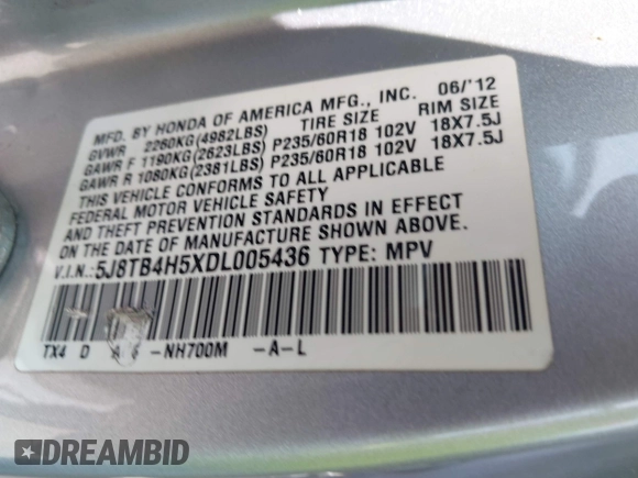 2013 Acura RDX Technology with VIN 5J8TB4H5XDL005436, listed as a IAAI auction lot 42484044 with 122,099 mi miles and . Bid and sale history available at DreamBid. Image 9.