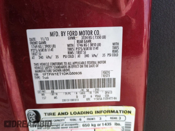 2013 Ford F-150 XL с VIN 1FTFW1ET1DKG50936, выставлен на аукционе Copart как лот 62371705 с пробегом 164 623 миль миль и Списание • Salvage title. История ставок и продаж доступна на DreamBid. Изображение 12.
