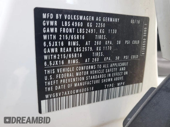2016 Volkswagen Tiguan S with VIN WVGBV7AX0GW600518, listed as a Copart auction lot 86335544 with 132,123 mi miles and Salvage Title. Bid and sale history available at DreamBid. Image 13.