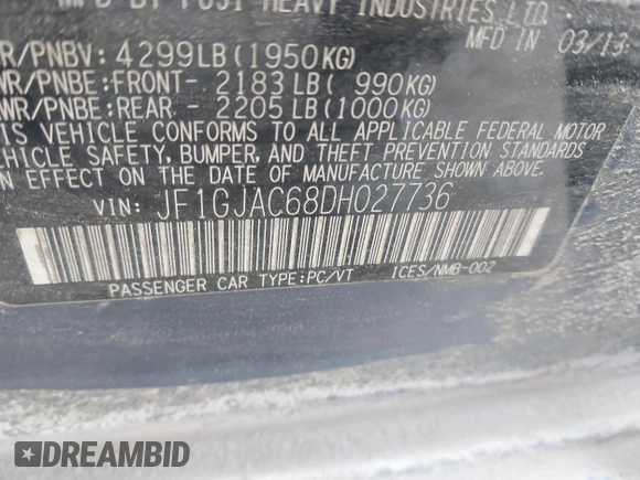 2013 Subaru Impreza Premium z VIN JF1GJAC68DH027736, wystawiony jako IAAI lot #41393090 z przebiegiem 150 041 mil mil oraz . Historia ofert i sprzedaży dostępna na DreamBid. Obrazek 9.