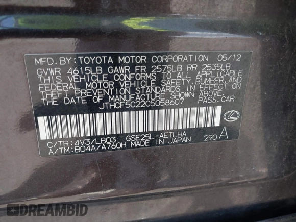 2012 Lexus IS 250 with VIN JTHCF5C22C5058607, listed as a IAAI auction lot 42055154 with 205,661 mi miles and . Bid and sale history available at DreamBid. Image 9.
