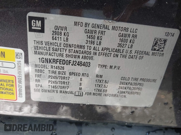 2015 Chevrolet Traverse LS with VIN 1GNKRFED0FJ248403, listed as a IAAI auction lot 42005610 with 161,578 mi miles and . Bid and sale history available at DreamBid. Image 9.