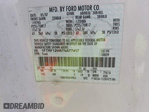 2007 Ford F-150 XL with VIN 1FTRF12W67NA77417, listed as a IAAI auction lot 42275195 with 147,164 mi miles and . Bid and sale history available at DreamBid. Image 9.