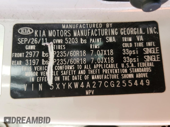 2012 Kia Sorento SX with VIN 5XYKW4A27CG255449, listed as a Copart auction lot 63225045 with 237,061 mi miles and Salvage title. Bid and sale history available at DreamBid. Image 13.
