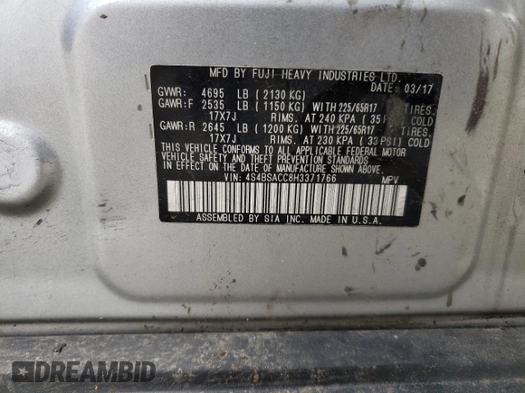 2017 Subaru Outback Premium with VIN 4S4BSACC8H3371766, listed as a Copart auction lot 55207985 with 131,116 mi miles and Salvage title. Bid and sale history available at DreamBid. Image 13.