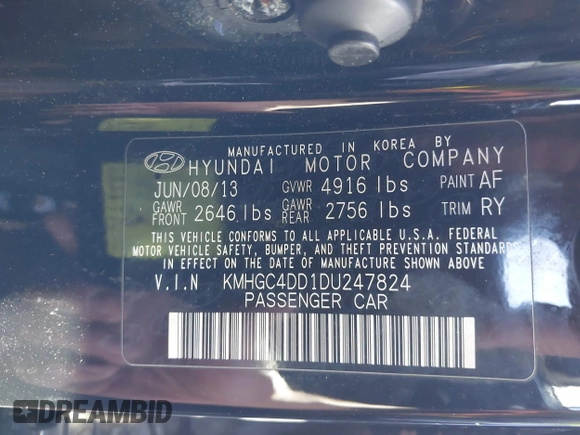 2013 Hyundai Genesis 3.8L with VIN KMHGC4DD1DU247824, listed as a IAAI auction lot 42046380 with 238,524 mi miles and . Bid and sale history available at DreamBid. Image 9.