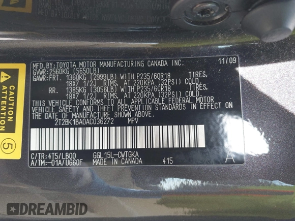 2010 Lexus RX 350 with VIN 2T2BK1BA0AC036272, listed as a IAAI auction lot 42231481 with 155,278 mi miles and . Bid and sale history available at DreamBid. Image 9.