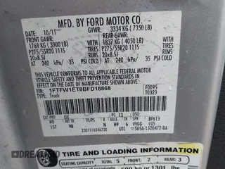 2011 Ford F-150 XLT with VIN 1FTFW1ET8BFD18868, listed as a IAAI auction lot 41971839 with 266,627 mi miles. Bid and sale history available at carsss.com. Image 9.