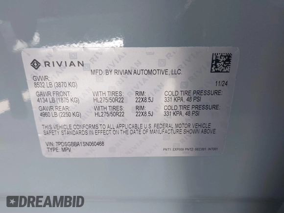 2025 Rivian R1S Adventure z VIN 7PDSGBBA1SN060468, wystawiony jako IAAI lot #41711770 z przebiegiem 2865 mil mil oraz . Historia ofert i sprzedaży dostępna na DreamBid. Obrazek 9.