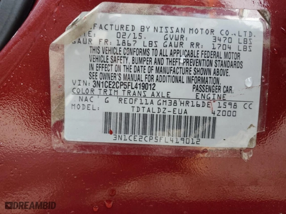 2015 Nissan Versa Note SV with VIN 3N1CE2CP5FL419012, listed as a Copart auction lot 49992415 with NaN miles and Clean Title. Bid and sale history available at carsss.com. Image 13.