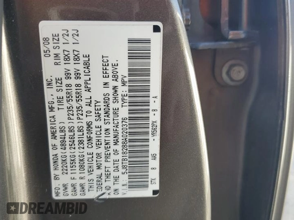 2008 Acura RDX with VIN 5J8TB18288A020376, listed as a Copart auction lot 45978615 with 0 mi miles and Salvage Title. Bid and sale history available at carsss.com. Image 13.