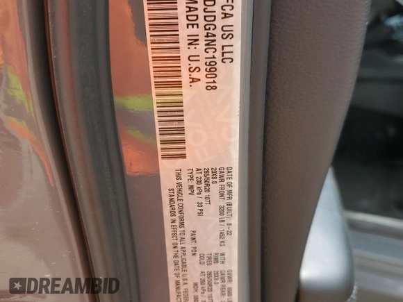 2022 Dodge Durango GT Plus with VIN 1C4RDJDG4NC199018, listed as a Copart auction lot 56389635 with 55,002 mi miles and Salvage title. Bid and sale history available at DreamBid. Image 13.