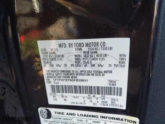2013 Ford F-150 XL with VIN 1FTFW1EF8DFB35631, listed as a IAAI auction lot 41457736 with 160,927 mi miles. Bid and sale history available at carsss.com. Image 9.