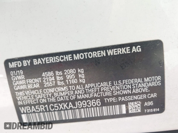 2019 BMW 3 Series 330i with VIN WBA5R1C5XKAJ99366, listed as a IAAI auction lot 41880445 with 48,052 mi miles and . Bid and sale history available at DreamBid. Image 9.