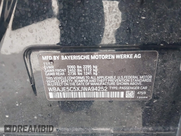 2018 BMW 5 Series 540i z VIN WBAJE5C5XJWA94252, wystawiony jako IAAI lot #42119366 z przebiegiem 53 762 mil mil oraz . Historia ofert i sprzedaży dostępna na DreamBid. Obrazek 9.