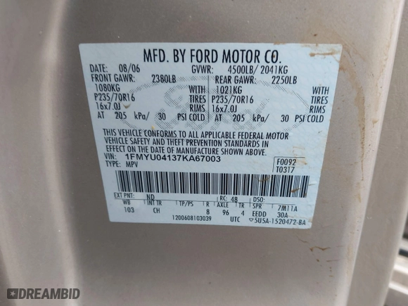 2007 Ford Escape Limited with VIN 1FMYU04137KA67003, listed as a IAAI auction lot 41663853 with 193,651 mi miles. Bid and sale history available at carsss.com. Image 9.