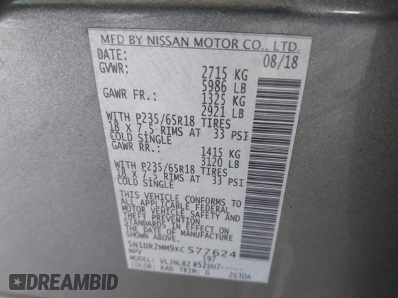 2019 Nissan Pathfinder SL с VIN 5N1DR2MM9KC577624, выставлен на аукционе IAAI как лот 42235873 с пробегом 122 450 миль миль и . История ставок и продаж доступна на DreamBid. Изображение 9.