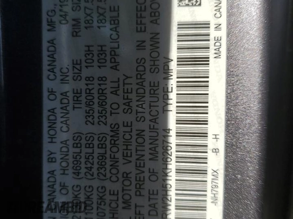 2019 Honda CR-V EX with VIN 2HKRW2H51KH626714, listed as a Copart auction lot 54062155 with 72,921 mi miles and Salvage Title. Bid and sale history available at carsss.com. Image 14.