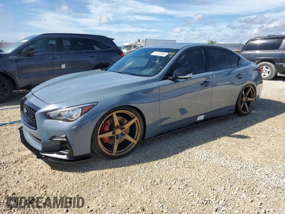 2021 Infiniti Q50 Red Sport 400 with VIN JN1FV7DP2MM850371, listed as a Copart auction lot 73762964 with 49,874 mi miles and Salvage Title. Bid and sale history available at DreamBid. Image 1.