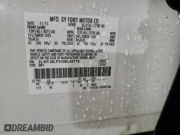 2016 Lincoln MKX Reserve with VIN 2LMTJ8LPXGBL43716, listed as a Copart auction lot 49062125 with 102,011 mi miles and Salvage Title. Bid and sale history available at carsss.com. Image 15.