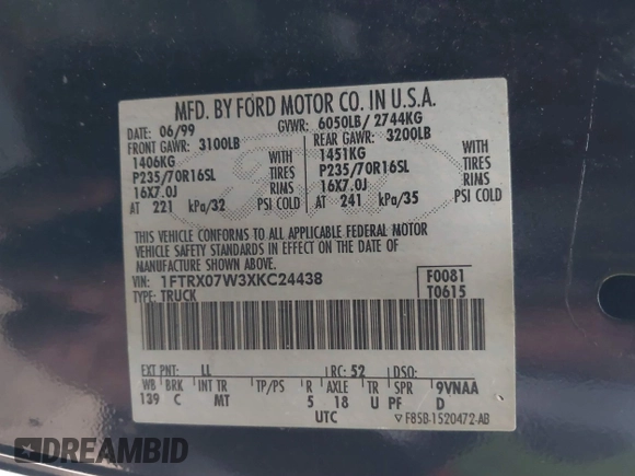 1999 Ford F-150 with VIN 1FTRX07W3XKC24438, listed as a IAAI auction lot 41634802 with Not provided miles and . Bid and sale history available at DreamBid. Image 9.