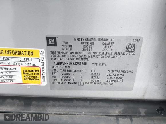 2014 GMC Acadia SLE with VIN 1GKKVPKD8EJ251700, listed as a IAAI auction lot 40914641 with 136,516 mi miles and . Bid and sale history available at carsss.com. Image 9.